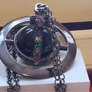 Gunmetal Orb Pendant Necklace with Multicolor Accent Stones